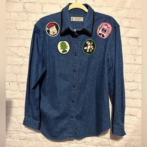 Marsh Landing Petite Jean Shacket Christmas Handmade Patched Button down Shirt L